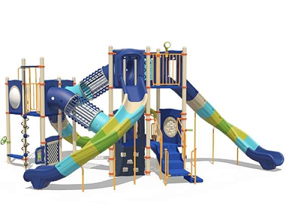 Playcraft Commercial Post & Deck Playground - multi-level structure with blue and green slides, climbing nets, and crawl